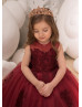 Maroon Lace Applique Tulle Keyhole Corset Back Flower Girl Dress